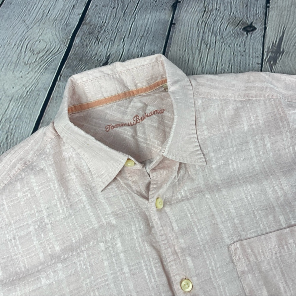 Tommy Bahama Shirt Mens Large Pink Button‎ Up Short Sleeve 100% Linen Hawaiian